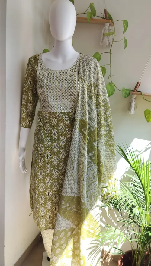 Cotton Mix Salwar Set - Olive Green